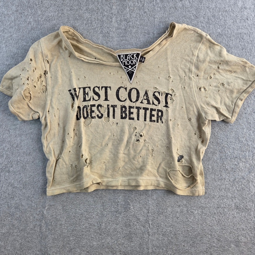 Black Moon Crop Top Womens Small Tan West Coast Does It Better Distressed Grunge